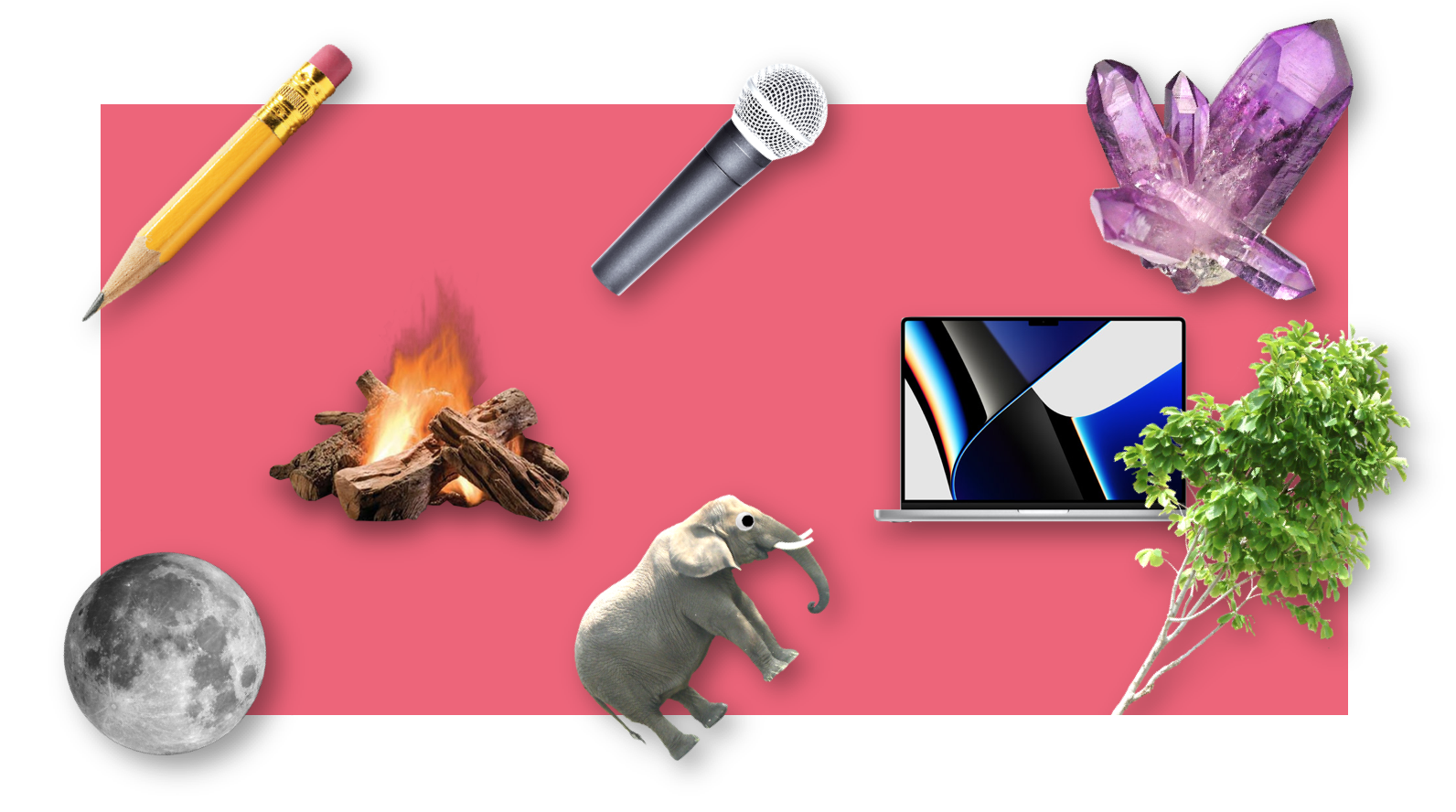 Various objects, that all count as matter (pencil, moon, cmpfire, microphone, elephant, laptop, crystal, tree)